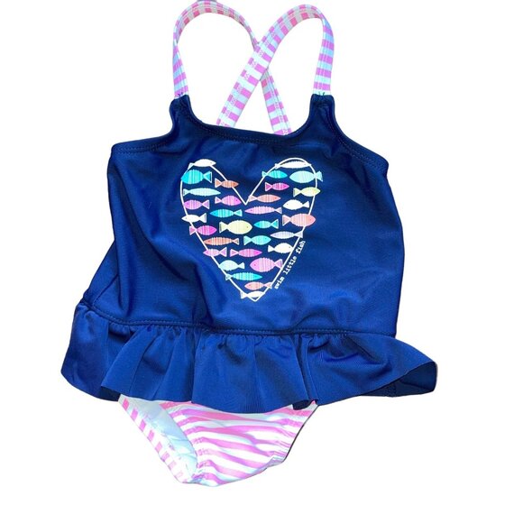 Kiko & Max Swimsuit 12 Month Fish Stripes Ruffle Blue White Pink - Picture 1 of 7